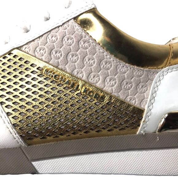 MICHAEL KORS SNEAKERS SHOES WHITE AND GOLD LEATHER AND FABRIC WOMENS SIZE 8.5 - Picture 9 of 14